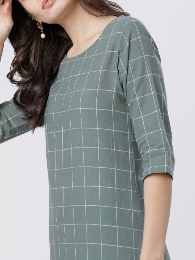 Vishudh Women Green Checked Kurta Sets 